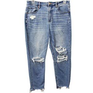 OFLUCK Distressed High Rise Blue Jeans Raw Hem Y2K Streetwear Women's 14